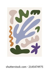 Modern poster with creative shapes, abstract matisse elements. Contemporary wall art for interior design. Trendy minimalist framed decoration. Stylish doodle painting. Flat vector illustration