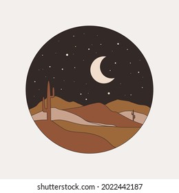Modern poster with a crescent moon in the starry sky and cacti among the hills. Interior decor in terracotta colors vector illustration. Night desert landscape for printing on textiles, postcards.
