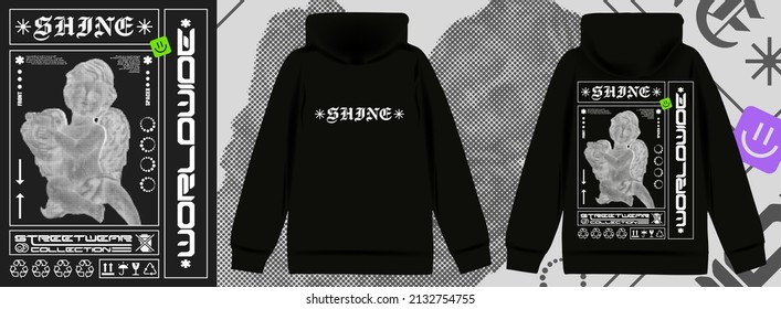 Modern poster with cupid, with text "Shine". In Techno style, print for streetwear, for t-shirts, hoodies, and sweatshirts. Isolated on black background