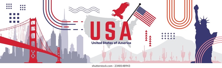 A modern poster design about USA country. USA flag, and famous building and mountains of The United States. Design for the national day of The USA