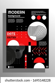 Diseño de póster moderno con colores negro, rojo y blanco, diseñado en tamaño A4. Gran número de detalles, puntos elípticos, puntos, etc. EPS 10 vectores