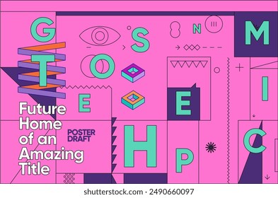 Modern poster design with bold typography and abstract shapes, set in a vibrant pink background for a striking visual effect.