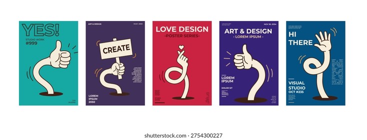 Modern poster design collection featuring expressive hand gesture illustrations with vibrant contemporary backgrounds. Perfect for graphic design projects, branding, advertising campaigns, editorial layouts, and creative visual communication.