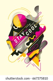 Modern poster design in color, with abstract graphic elements and slogan. Vector illustration.