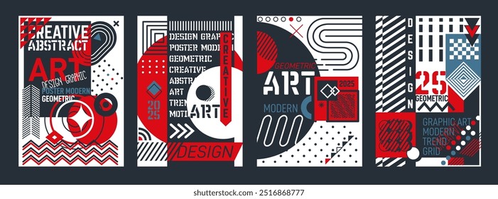 Modern poster. Design graphic elements. Frame shape layout. Geometric background. Creative abstract art. Logo fashion trend. Color lines and collage lettering. Flat motion grid. Vector banners set