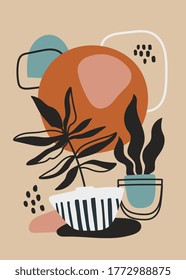 Modern poster design with potted plants over an abstract background of geometric patterns, colored vector illustration