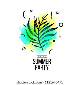 Modern poster design for a summer party. Template with a decoration of tropical leaves and watercolor spots for a summer event. Vector