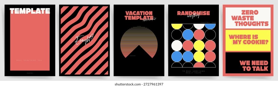 Modern Poster Design Templates. Abstract retro design poster templates with wavy stripes pattern, sunset line art, circle grid and bold typography layouts in Swiss Y2K style