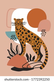 Modern poster design with Wild Cat or Leopard outdoors in the wilderness over an abstract background in muted colors, colored vector illustration