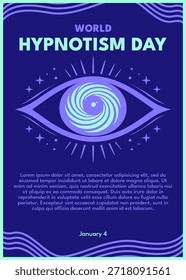 Diseño de cartel moderno para el Día Mundial del Hipnotismo con un ojo hipnótico brillante con centro en espiral, estrellas decorativas y Elementos ondulados sobre un fondo azul oscuro, que simboliza la psicología, el enfoque y la mente subconsciente.