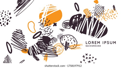 Afiche moderno. Diferentes formas en estilo Doodle. Manchas abstractas y formas en el fondo. Ilustración vectorial.