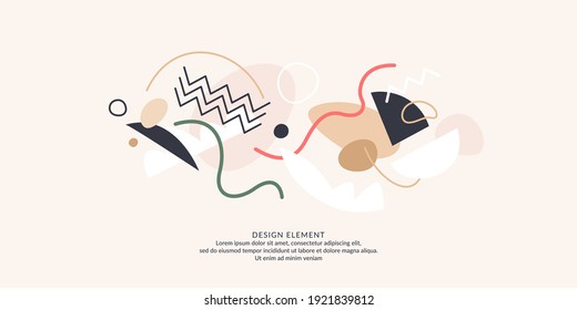Afiche moderno. Diferentes formas en estilo Doodle. Puntos abstractos en el fondo. Ilustración vectorial.