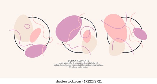 Afiche moderno. Diferentes formas en estilo Doodle. Puntos abstractos en el fondo. Ilustración vectorial.