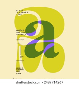 A modern poster featuring flowing abstract shapes in vivid yellow and green, accented with purple, blending minimalism with dynamic typography.