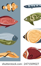 Cartel moderno, pescado. Plantilla para póster, postal, Anuncio. Ilustración vectorial en estilo moderno plano. 