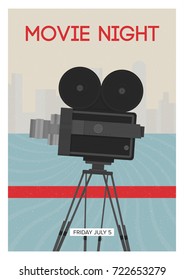 Modern poster or flyer template for movie night, premiere or cinema festival show time with retro film camera or projector standing on tripod. Colorful vector illustration for event announcement.