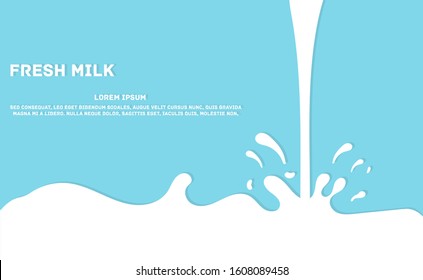 Modern poster of fresh milk splash on a light blue background, flat design. Milk stains and cream drops. Vector illustration, EPS 10.