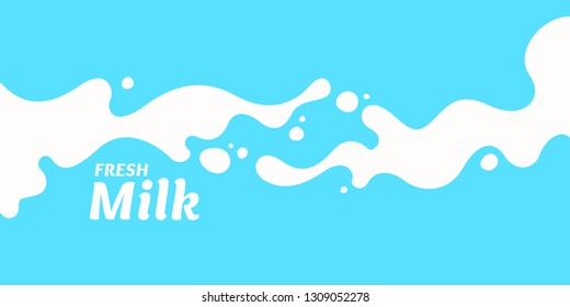 Modern poster fresh milk with splashes on a light blue background. Vector illustration in flat minimalistic style