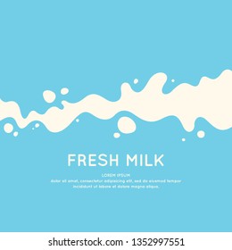 Modern poster fresh milk with splashes on a light blue background. Vector illustration in flat minimalistic style