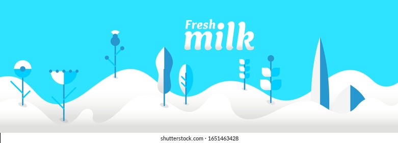 Modern poster fresh milk with splashes on a light blue background. Vector illustration in flat minimalistic style