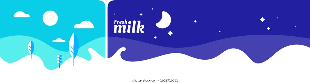Modern poster fresh milk with splashes on a light blue background. Vector illustration in flat minimalistic style