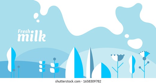Modern poster fresh milk with splashes on a light blue background. Vector illustration in flat minimalistic style