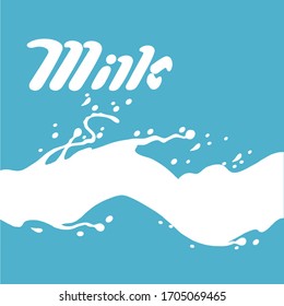 Afiche moderno de leche fresca con salpicaduras de fondo azul. Ilustración vectorial en estilo plano. Diseño de paquetes de leche

