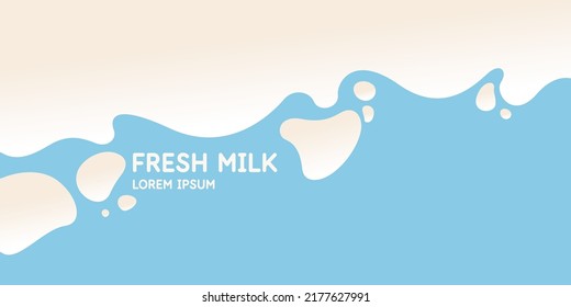 Afiche moderno de leche fresca con salpicaduras en un fondo azul claro. Ilustración vectorial.