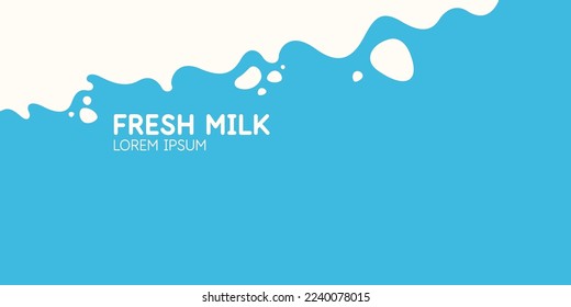 Afiche moderno de leche fresca con salpicaduras en un fondo azul claro. Ilustración del vector