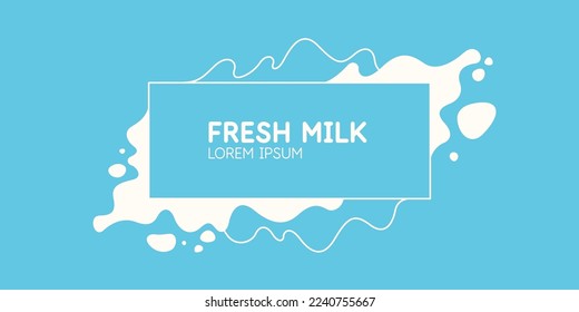 Afiche moderno de leche fresca con salpicaduras en un fondo azul claro. Ilustración del vector