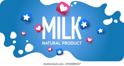 Modern poster fresh milk with splashes on a background. Vector illustration in flat minimalistic style