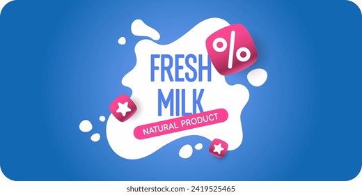 Modern poster fresh milk with splashes on a background. Vector illustration in flat minimalistic style