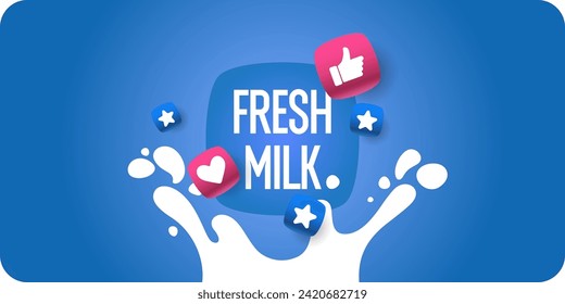 Modern poster fresh milk with splashes on a background. Vector illustration in flat minimalistic style