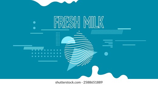 Modern poster fresh milk with splashes on a background. Vector illustration in flat minimalistic style. A poster for advertising dairy products.