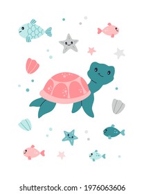 Modern poster with fun smiling turtle and see underwater creatures fish, shell, starfish for nursery, cards or invitation. Hand drawn vector illustration in pastel colors isolated on white background