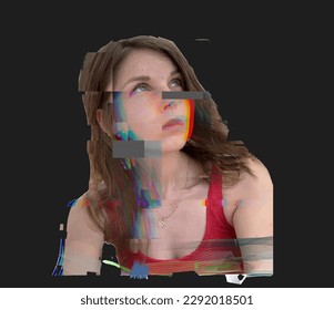 Modern poster with a girl. Portrait of a woman in retro style. Element of modern design. Interference on the screen. Girl mood board. Multicolored geometric elements.