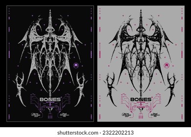 Modern poster in gothic style. Gothcore print, 3D abstract symmetrical spikes with bones. Dark print for t-shirt, hoodie and sweatshirt