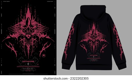 Modernes Poster im gotischen Stil. Gothcore-Druck, 3D abstrakte symmetrische Spitzen mit Knochen. Dunkler Druck für T-Shirt, Hoodie und Sweatshirt