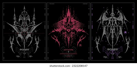 Modern poster in gothic style. Gothcore print, 3D abstract symmetrical spikes with bones. Dark print for t-shirt, hoodie and sweatshirt. Vector set