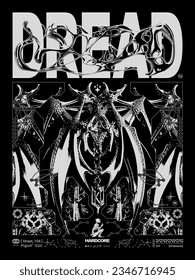 Modern poster in gothic style with text "Dread". Liquid gothcore print, 3D abstract symmetrical spikes with bones. Dark print for t-shirt, hoodie and sweatshirt