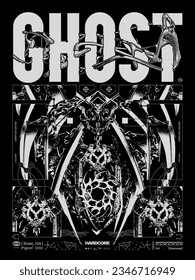 Modern poster in gothic style with text "Ghost". Liquid gothcore print, 3D abstract symmetrical spikes with bones. Dark print for t-shirt, hoodie and sweatshirt