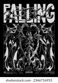 Modern poster in gothic style with text "Falling". Liquid gothcore print, 3D abstract symmetrical spikes with bones. Dark print for t-shirt, hoodie and sweatshirt