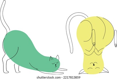 Modern poster with green cat in abstract continuous line and abstract shape. trendy vector illustration with kittens. Pet illustration