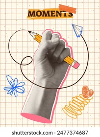 Modern poster with a halftone hand and a pencil with various doodle elements. Stylish collage poster with retro halftone elements. Heart, airplane, sticker. Moments. Vector