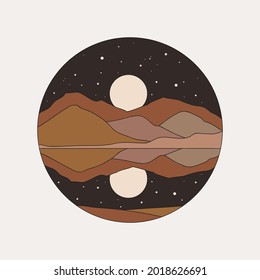 Modern poster with a huge moon behind the mountains and reflection in the water. Interior decor in terracotta colors vector illustration. Night desert landscape for printing on textiles, postcards.