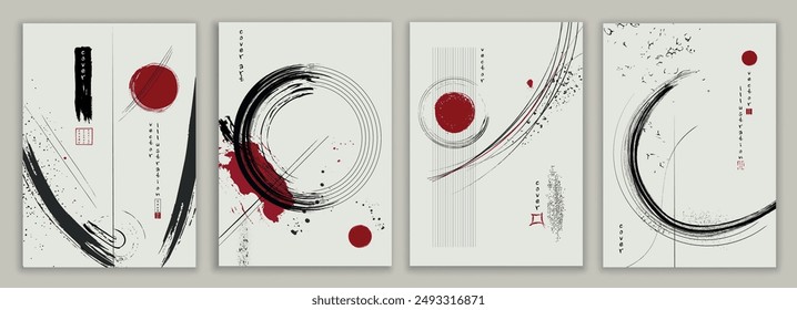 Modern poster with ink or paint splash brush stroke shapes and black and red round circles on white background in Japanese art style. Cover brochure banner or template copy space