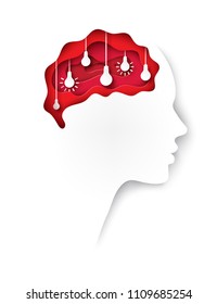 Modern poster with layered cut out colored paper human profile with lightbulb in the brain. Creative thinking, business concept of innovation. Deep paper art origami style