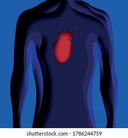 Modern Poster With Layered Cut Out Colored Paper Human Silhouette. Healthy Heart Concept. Deep Paper Art Origami Style.