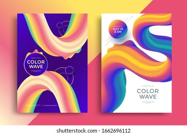 Modern poster layout with rainbow 3d shapes. Bright cute wave for Cover design template. Gradient wavy form composition for flyer. Abstract colorful fantasy background.