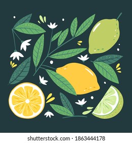 Modern poster with lemons. Botany art print. Modern design for paper, covers, cards, fabrics, interior items and other users. Vector hand drawn illustration.